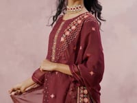 Wine Straight Fancy Embroidery Work Kurta Set With Dupatta