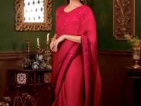 Cherry Red Shaded Satin Chiffon Party Wear Saree With Thread & Sequence Embroidery Work