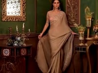 Dusty Beige Silk Georgette Party Wear Saree With Thread & Sequence Embroidery Work