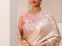 Golden Satin Chiffon Party Wear Saree With Sequence & Thread Embroidery Work