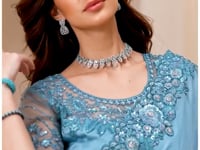 Aqua Blue Satin Georgette Party Wear Saree With Sequence & Thread Embroidery Work