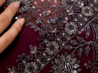 Wine Satin Chiffon Party Wear Saree With Sequence & Thread Embroidery Work