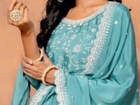 Sky Blue Chinon Thread & Sequins Embroidery Palazzo Suit