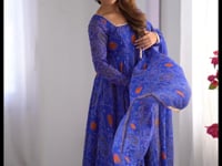 Royal Blue Soft Light Weight Chiffon Bandhej Print Gown With Dupatta