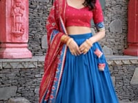 Teal Tussar Silk Patola Print And Foil Work Lehenga Choli