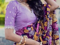 Lavender Vichitra Silk Lehenga Choli With Kalamkari Print & Thread, Sequins Embroidery