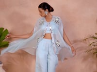 Aqua Blue Pure Organza Hand Work Indo Western Co-Ord Set With Cap