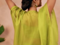 Parrot Green Hand Work Organza Indo Western With Cap