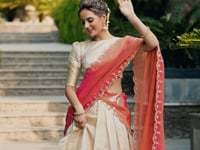Beige Jacquard Chex Lehenga Choli With Zari Weaving Work & Sequins Embroidery