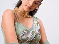 Party wear Light Olive Green Hand Work Indo Western Sharara Set With Dupatta