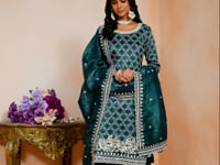 Green Gold Crush Thread & Sequence Embroidery Work Palazzo Suit