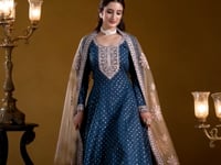 Teal Blue Chanderi Silk Gown With Zari Weaving Work,Sequence & Thread Embroidery Work