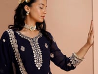 Navy Blue Georgette Palazzo Salwar Suit With Thread & Sequins Embroidery Work