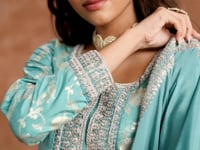 Sky Blue Dola Silk Palazzo Salwar Suit With Thread & Sequins Embroidery Work