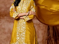 Yellow Chinon Palazzo Salwar Suit With Thread & Sequins Embroidery Work