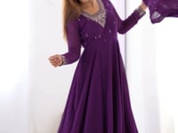 Purple Designer Embroidery Beads And Zari Work Gown With Dupatta