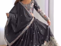 Dark Black Grey Cording Dori Embroidery Work Lehenga With Dupatta