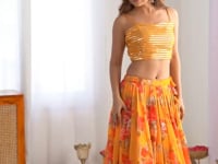 Yellowish Orange Floral print With Embroidery Work Lehenga With Koti