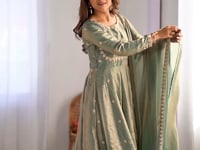 Designer Shiny Olive Green Cording Sequins Embroidery Work Gown With Dupatta