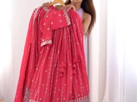 Red Pink Sequins Embroidery Work Lehenga With Dupatta