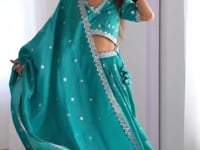 Dark Aqua Blue Sequins Embroidery Work Lehenga With Dupatta
