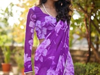 Purple Chiffon Saree With Floral Print & Pearl Lace Border