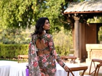 Olive Green Weightless Marbal Saree With Floral Print & Pearl Lace Border