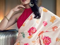 Beige Satin Silk Floral Printed Saree