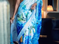 Blue Satin Silk Floral Printed Saree
