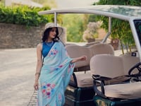 Sea Blue Weightless Marbal Saree With Floral Print & Lace Border