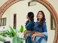 Teal Blue Weightless Marbal Saree With Floral Print & Lace Border