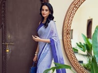 Blue Weightless Marbal Saree With Floral Print & Lace Border