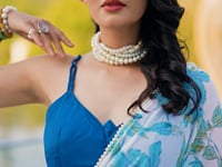 Sea Blue Weightless Marbal Saree With Floral Print &  Pearl Lace Border