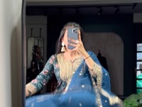Teal Blue Rayon Salwar Suit With Print & Embroidery Work