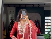 Rust Orange Cotton Salwar Suit With Thread & Sequins Embroidery Work