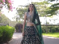 Teal Green Jacquard Lehenga With Zari Sequins Embroidery Work