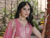 Designer Pink Jacquard Lehenga With Zari Sequins Embroidery Work