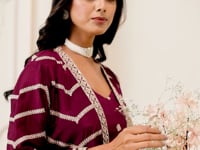 Maroon Chinon Indo-Western Set With Embroidery Work