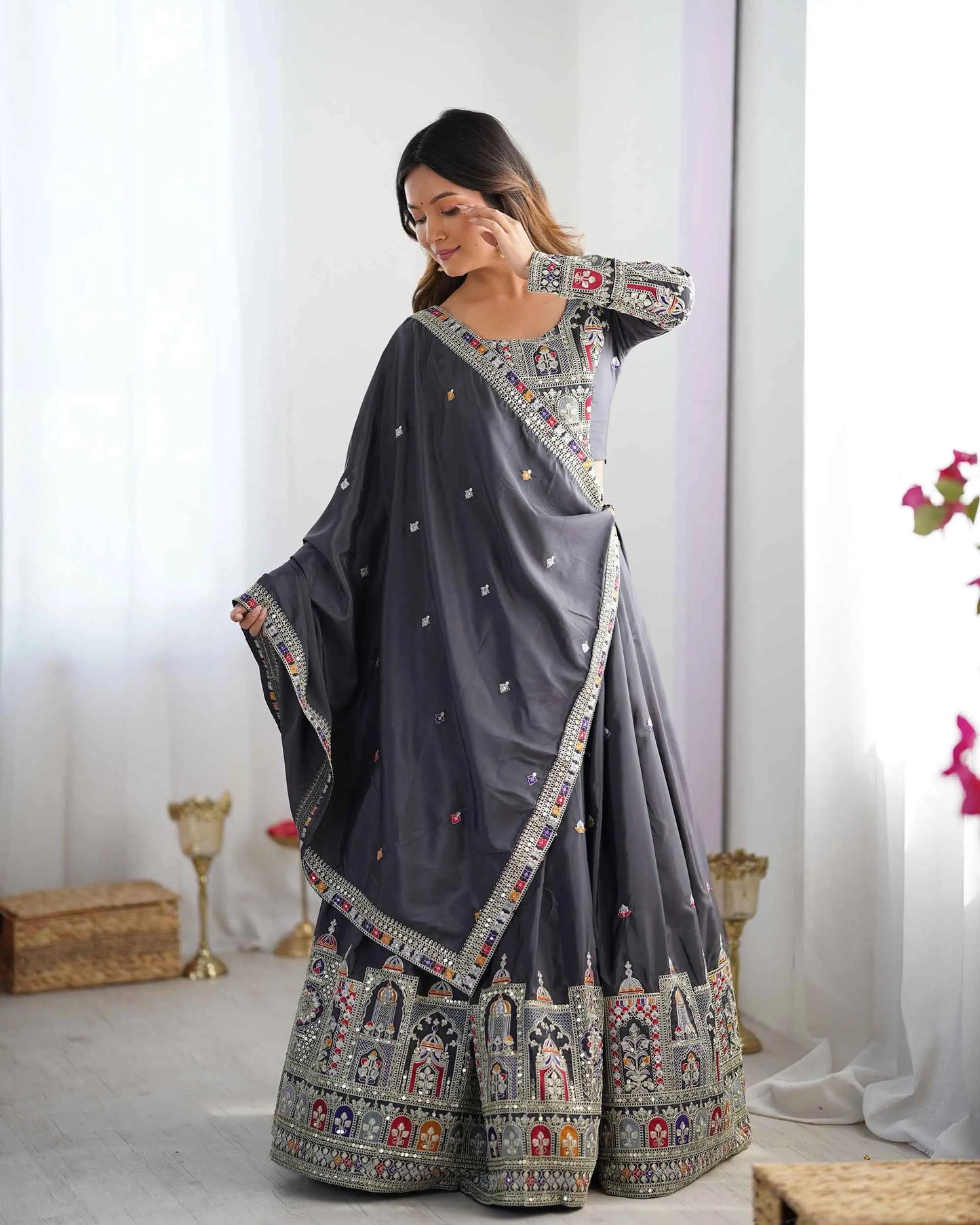 Dark Black Grey Cording Dori Embroidery Work Lehenga With Dupatta
