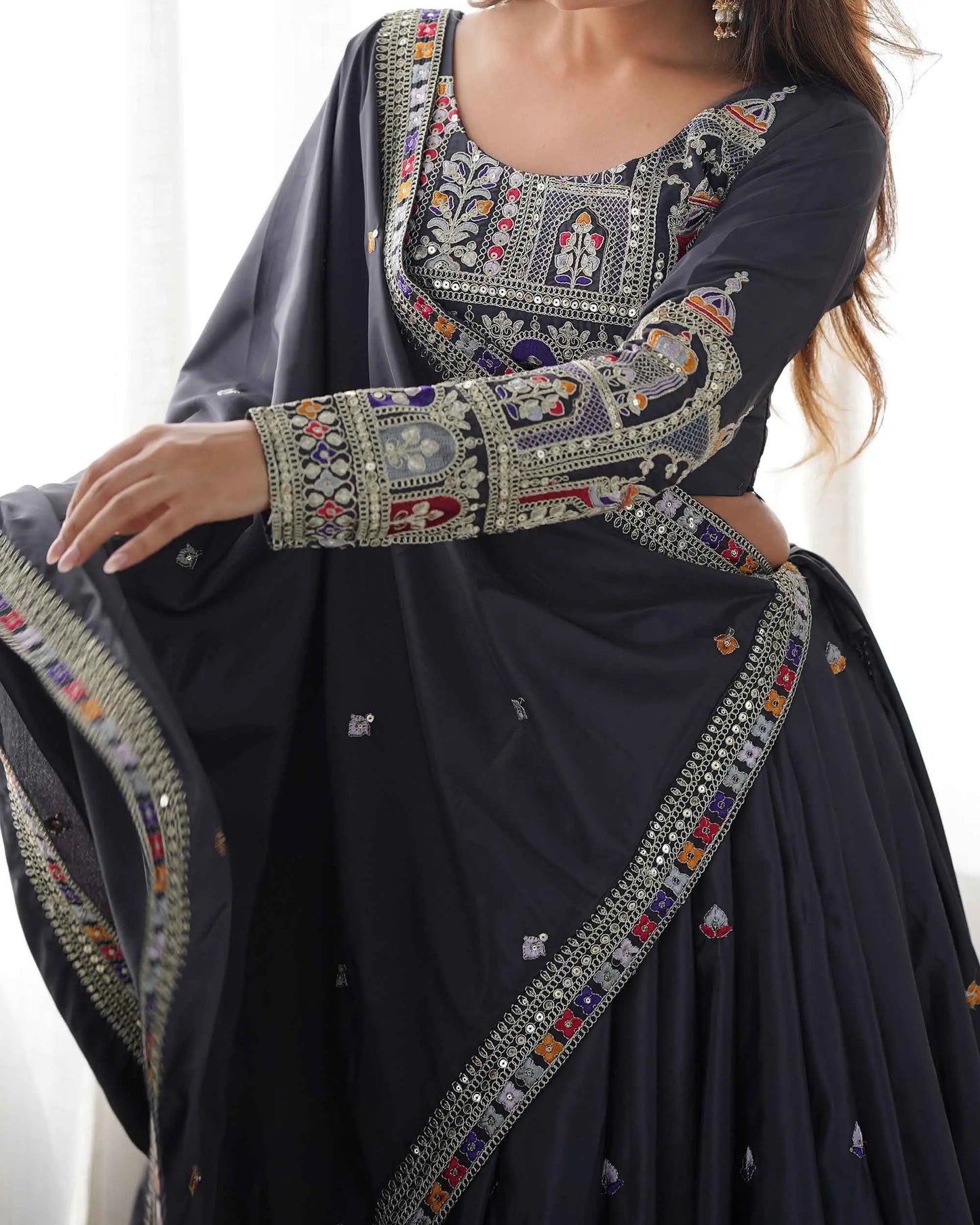 Dark Black Grey Cording Dori Embroidery Work Lehenga With Dupatta