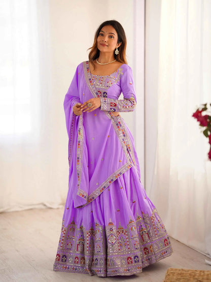 Lovely Lavender Cording Dori Embroidery Work Lehenga With Dupatta