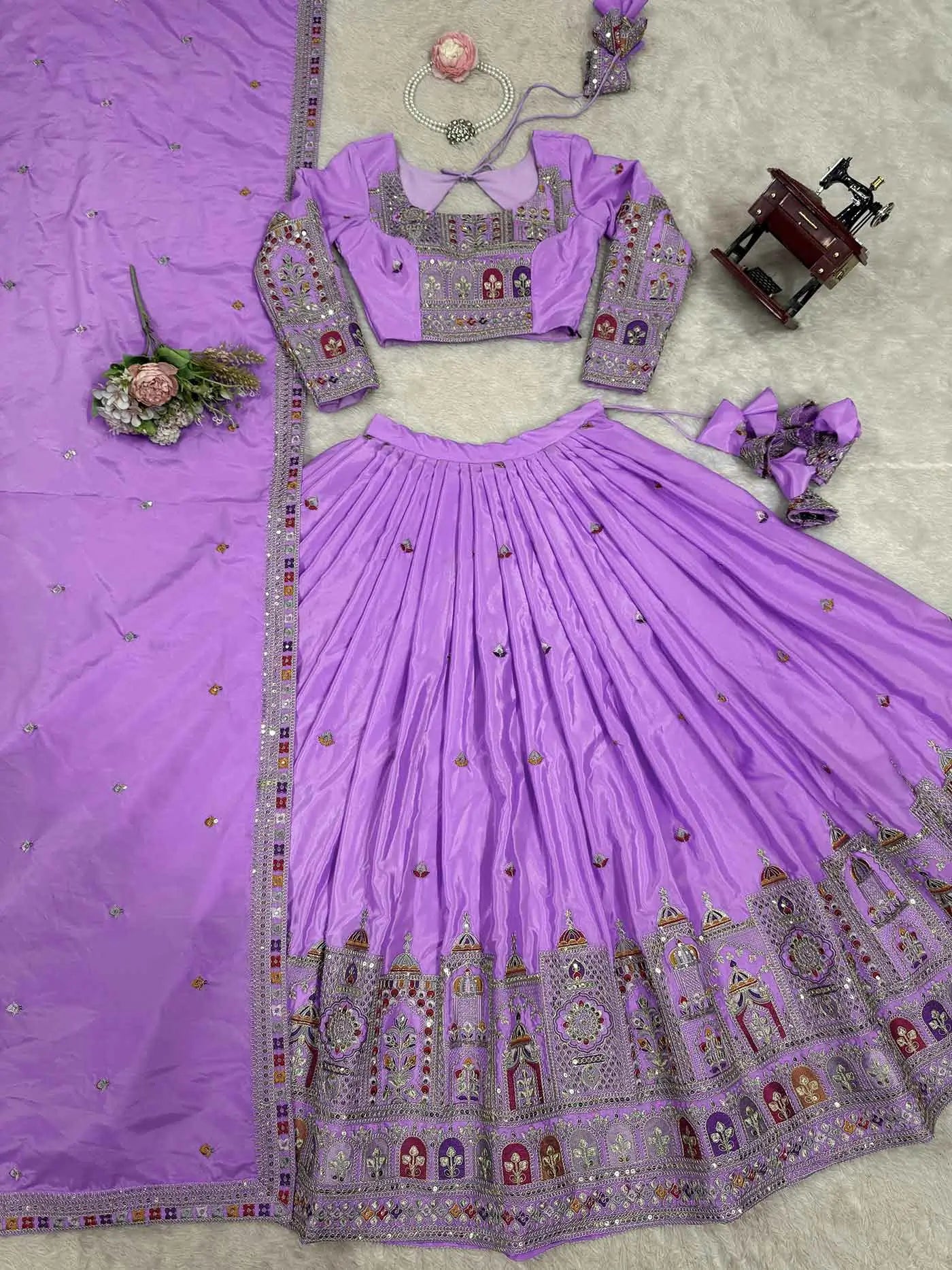Lovely Lavender Cording Dori Embroidery Work Lehenga With Dupatta