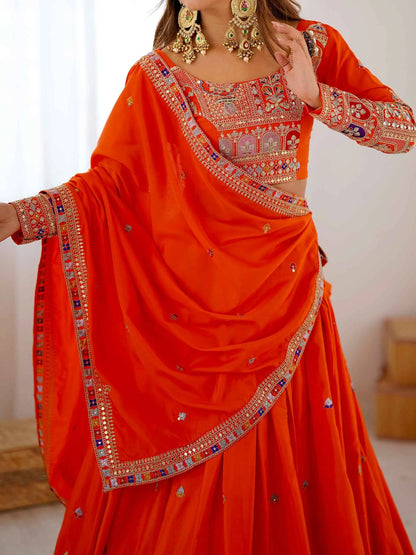Deep Orange Cording Dori Embroidery Work Lehenga With Dupatta