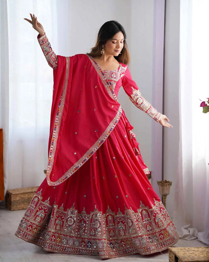 Paprika Red Cording Dori Embroidery Work Lehenga With Dupatta