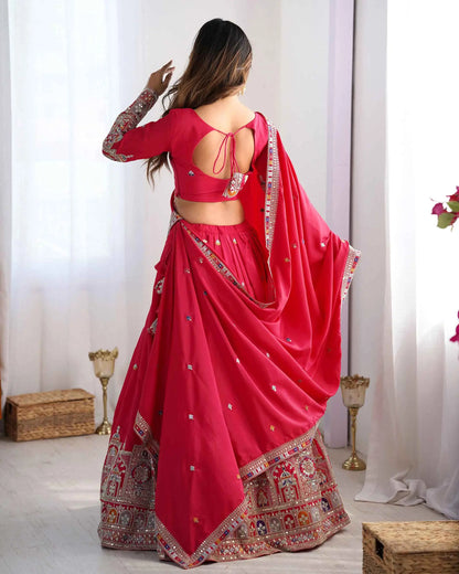 Paprika Red Cording Dori Embroidery Work Lehenga With Dupatta