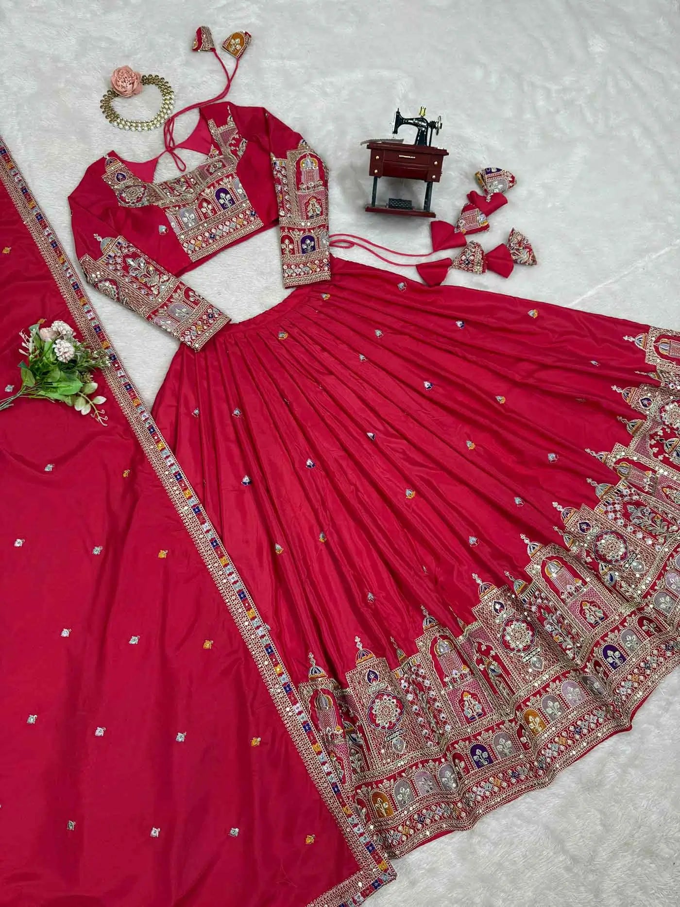 Paprika Red Cording Dori Embroidery Work Lehenga With Dupatta