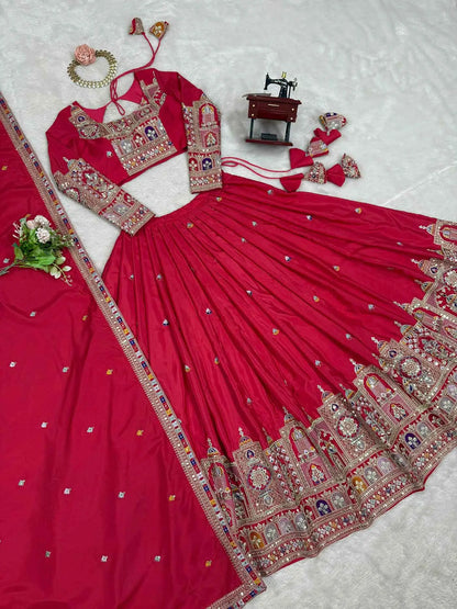 Paprika Red Cording Dori Embroidery Work Lehenga With Dupatta