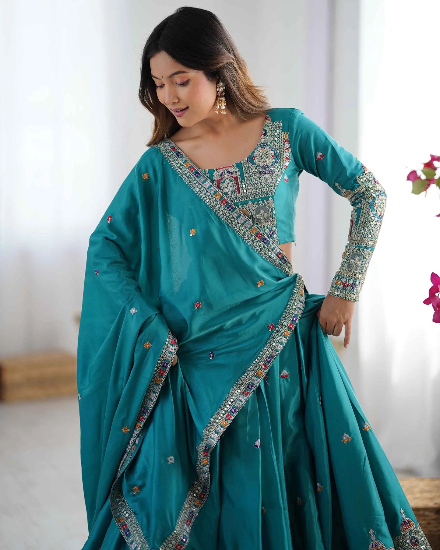 Dark Teal Blue Cording Dori Embroidery Work Lehenga With Dupatta