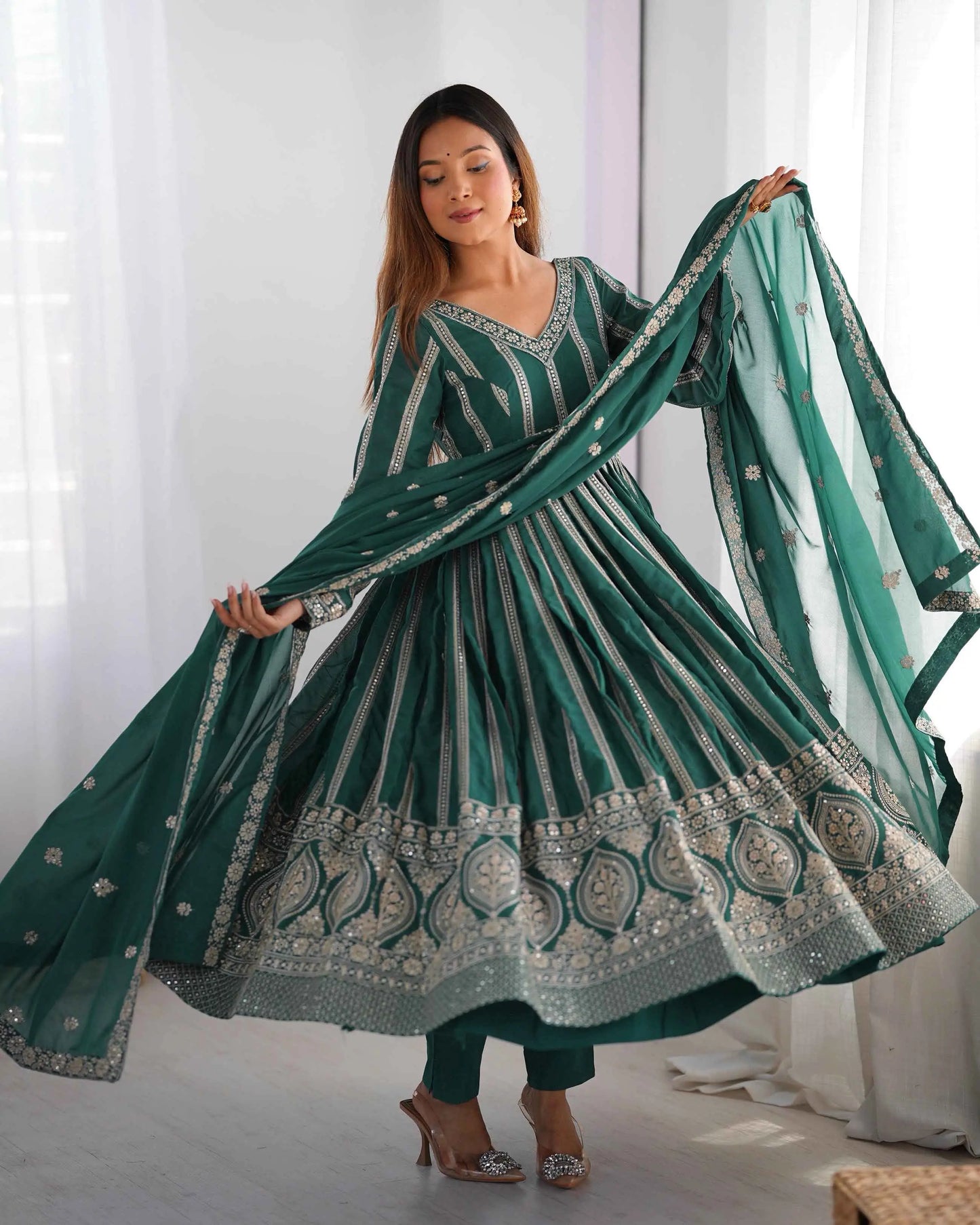 Greenish Blue Georgette Sequins Embroidery Work Gown And Dupatta