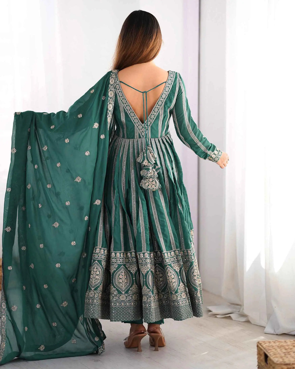 Greenish Blue Georgette Sequins Embroidery Work Gown And Dupatta